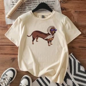 Casual Loose Dachshund Baskılı Yuvarlak Yaka Kısa Kollu Kadın Tişörtü, Yaz İçin Uygu