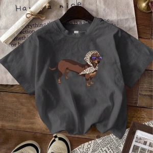 Casual Loose Dachshund Baskılı Yuvarlak Yaka Kısa Kollu Kadın Tişörtü, Yaz İçin Uygu