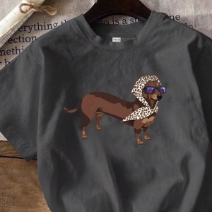 Casual Loose Dachshund Baskılı Yuvarlak Yaka Kısa Kollu Kadın Tişörtü, Yaz İçin Uygu