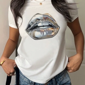 Casual Loose Dachshund Baskılı Yuvarlak Yaka Kısa Kollu Kadın Tişörtü, Yaz İçin Uygu