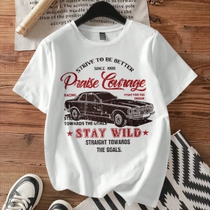Casual Loose Fit Araba Baskılı Yuvarlak Yaka Kısa Kollu Kadın Tişörtü, Yaz İçin Uygu