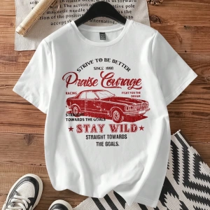 Casual Loose Fit Araba Baskılı Yuvarlak Yaka Kısa Kollu Kadın Tişörtü, Yaz İçin Uygu
