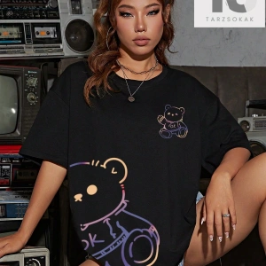 Casual Loose Fit Kadın Kısa Kollu Tişört Mektup Baskı Desenli Yuvarlak Yaka