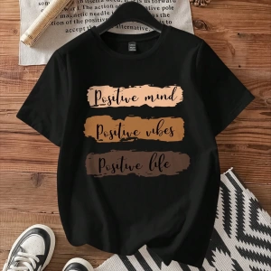Casual Loose Grafik Baskılı Yuvarlak Yaka Kısa Kollu Kadın Tişörtü, Yazlık Kazak İçi
