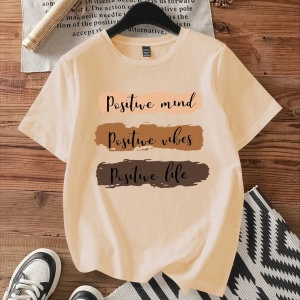 Casual Loose Grafik Baskılı Yuvarlak Yaka Kısa Kollu Kadın Tişörtü, Yazlık Kazak İçi