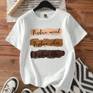 Casual Loose Grafik Baskılı Yuvarlak Yaka Kısa Kollu Kadın Tişörtü, Yazlık Kazak İçi