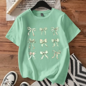 Casual Loose Lattice Bow Decor Yuvarlak Yaka Kısa Kollu Tişört Kadınlar İçin, Pamuk