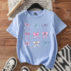 Casual Loose Lattice Bow Decor Yuvarlak Yaka Kısa Kollu Tişört Kadınlar İçin, Pamuk