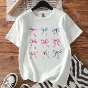 Casual Loose Lattice Bow Decor Yuvarlak Yaka Kısa Kollu Tişört Kadınlar İçin, Pamuk