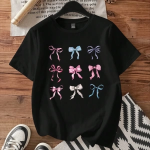 Casual Loose Lattice Bow Decor Yuvarlak Yaka Kısa Kollu Tişört Kadınlar İçin, Pamuk