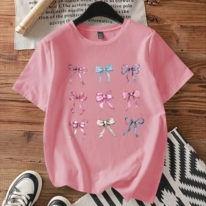 Casual Loose Lattice Bow Decor Yuvarlak Yaka Kısa Kollu Tişört Kadınlar İçin, Pamuk