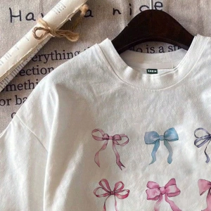 Casual Loose Lattice Bow Decor Yuvarlak Yaka Kısa Kollu Tişört Kadınlar İçin, Pamuk