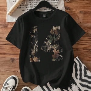 Casual Loose Leaf Desen Yuvarlak Yaka Kısa Kollu Kadın Tişörtü, Sokak %34 Pamuk, Yaz