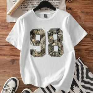 Casual Loose Leaf Desen Yuvarlak Yaka Kısa Kollu Kadın Tişörtü, Yaz İçin Uygun