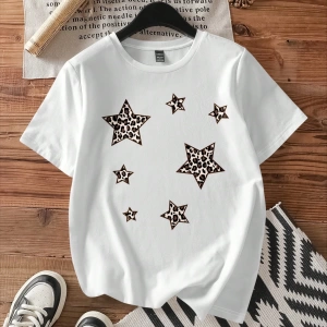 Casual Loose Leopar Desenli Pentagram Grafik Yuvarlak Yaka Kısa Kollu Pamuk Karı