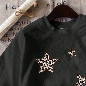 Casual Loose Leopar Desenli Pentagram Grafik Yuvarlak Yaka Kısa Kollu Pamuk Karı