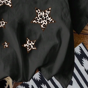 Casual Loose Leopar Desenli Pentagram Grafik Yuvarlak Yaka Kısa Kollu Pamuk Karı