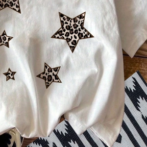 Casual Loose Leopar Desenli Pentagram Grafik Yuvarlak Yaka Kısa Kollu Pamuk Karı