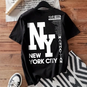 Casual Loose NY Grafik Yuvarlak Yaka Kısa Kollu Tişört Kadınlar İçin, Yaz İçin Uygun
