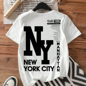 Casual Loose NY Grafik Yuvarlak Yaka Kısa Kollu Tişört Kadınlar İçin, Yaz İçin Uygun