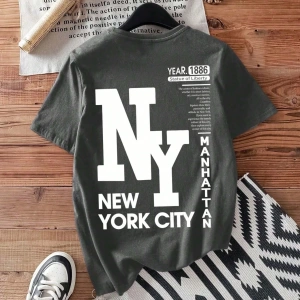 Casual Loose NY Grafik Yuvarlak Yaka Kısa Kollu Tişört Kadınlar İçin, Yaz İçin Uygun