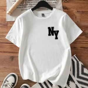 Casual Loose NY Grafik Yuvarlak Yaka Kısa Kollu Tişört Kadınlar İçin, Yaz İçin Uygun