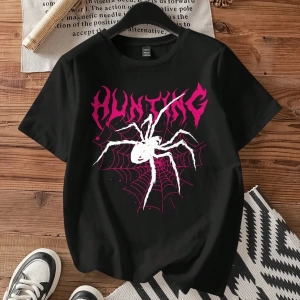 Casual Loose Örümcek Baskılı Yuvarlak Yaka Kısa Kollu Tişört Kadınlar İçin, Yaz İçin
