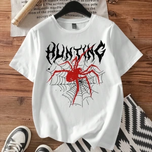 Casual Loose Örümcek Baskılı Yuvarlak Yaka Kısa Kollu Tişört Kadınlar İçin, Yaz İçin