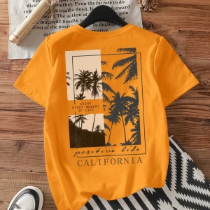 Casual Loose Palmiye Ağacı Baskılı Yuvarlak Yaka Kısa Kollu Pamuklu Tişört Kadınlar