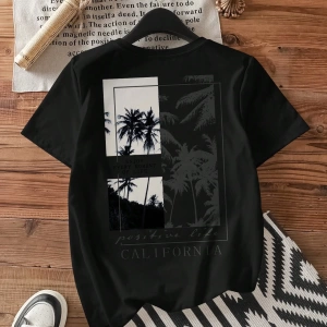 Casual Loose Palmiye Ağacı Baskılı Yuvarlak Yaka Kısa Kollu Pamuklu Tişört Kadınlar