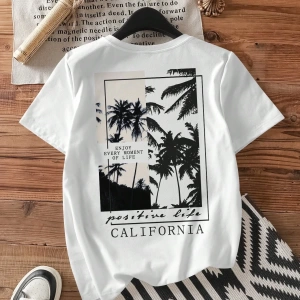 Casual Loose Palmiye Ağacı Baskılı Yuvarlak Yaka Kısa Kollu Pamuklu Tişört Kadınlar