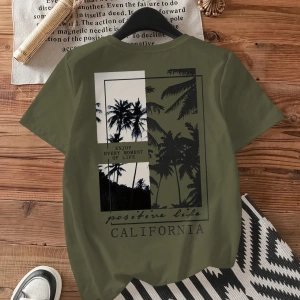 Casual Loose Palmiye Ağacı Baskılı Yuvarlak Yaka Kısa Kollu Pamuklu Tişört Kadınlar
