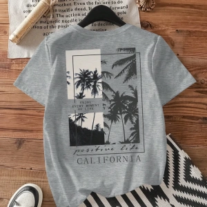 Casual Loose Palmiye Ağacı Baskılı Yuvarlak Yaka Kısa Kollu Pamuklu Tişört Kadınlar