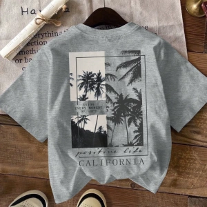 Casual Loose Palmiye Ağacı Baskılı Yuvarlak Yaka Kısa Kollu Pamuklu Tişört Kadınlar