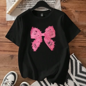 Casual Loose Pembe Fiyonklu Grafik Yuvarlak Yaka Kısa Kollu Kadın Tişörtü, Pamuk Kar