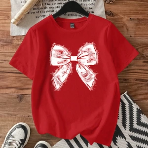 Casual Loose Pembe Fiyonklu Grafik Yuvarlak Yaka Kısa Kollu Kadın Tişörtü, Pamuk Kar