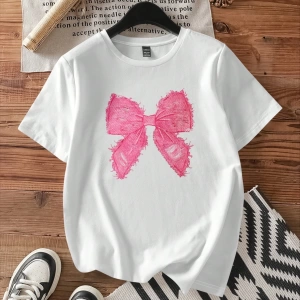 Casual Loose Pembe Fiyonklu Grafik Yuvarlak Yaka Kısa Kollu Kadın Tişörtü, Pamuk Kar
