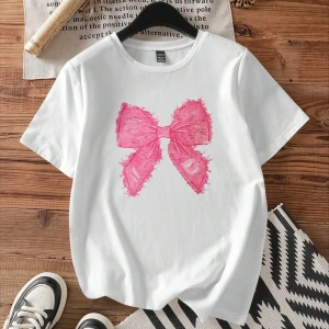 Casual Loose Pembe Fiyonklu Grafik Yuvarlak Yaka Kısa Kollu Kadın Tişörtü, Pamuk Kar