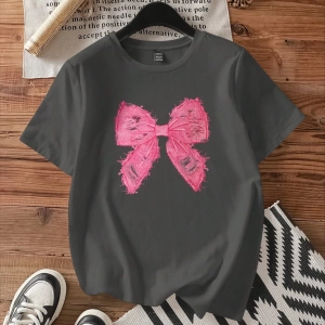 Casual Loose Pembe Fiyonklu Grafik Yuvarlak Yaka Kısa Kollu Kadın Tişörtü, Pamuk Kar