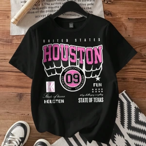 Casual Loose Pembe Fiyonklu Grafik Yuvarlak Yaka Kısa Kollu Kadın Tişörtü, Pamuk Kar