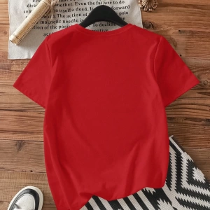 Casual Loose Pembe Fiyonklu Grafik Yuvarlak Yaka Kısa Kollu Kadın Tişörtü, Pamuk Kar