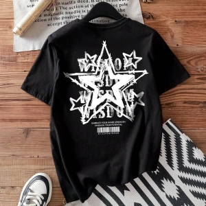Casual Loose Pentagram Desen Yuvarlak Yaka Kısa Kollu Kadın Tişörtü, Yaz İçin Uygun