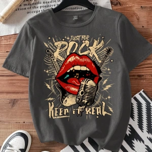 Casual Loose Rock Müzik Dudaklar Grafik Baskılı Yuvarlak Yaka Kısa Kollu Kadın Tişör