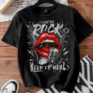Casual Loose Rock Müzik Dudaklar Grafik Baskılı Yuvarlak Yaka Kısa Kollu Kadın Tişör