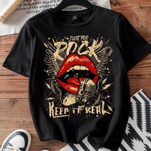 Casual Loose Rock Müzik Dudaklar Grafik Baskılı Yuvarlak Yaka Kısa Kollu Kadın Tişör