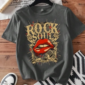 Casual Loose Rock Müzik Dudaklar Grafik Baskılı Yuvarlak Yaka Kısa Kollu Kadın Tişör