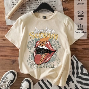 Casual Loose Rock Müzik Dudaklar Grafik Baskılı Yuvarlak Yaka Kısa Kollu Kadın Tişör