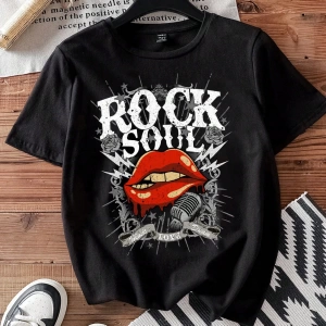 Casual Loose Rock Müzik Dudaklar Grafik Baskılı Yuvarlak Yaka Kısa Kollu Kadın Tişör