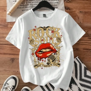 Casual Loose Rock Müzik Dudaklar Grafik Baskılı Yuvarlak Yaka Kısa Kollu Kadın Tişör
