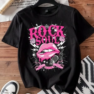 Casual Loose Rock Müzik Dudaklar Grafik Baskılı Yuvarlak Yaka Kısa Kollu Kadın Tişör